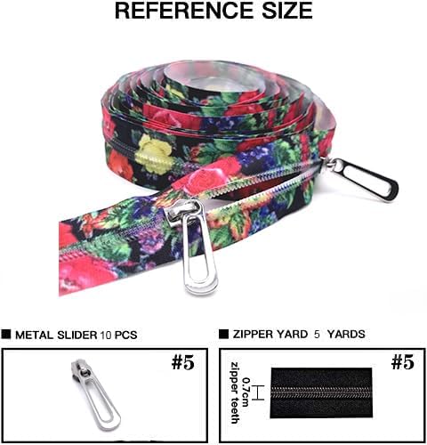 Goyunwell #5 Zippers by The Yard Nylon Coil Long Zippers for Sewing 5 Yard Zipper Tape with Rose Flower Pattern and 10pcs Silver Zipper Pulls for ...