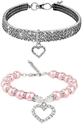 Rhinestones Dog Collar and Pearl Dog Necklace Set, Adjustable Neck Strap Bling Full Diamond Crystal Cute Pearl Dog Collar for Small Girls Cats Pup...