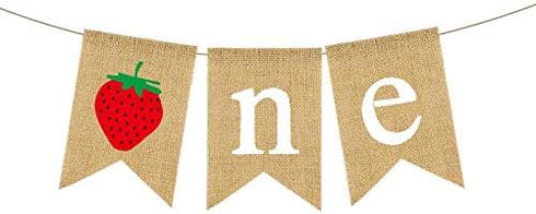 Rainlemon Burlap Strawberry One Banner Rustic Jute Baby Girl 1st Birthday Party Highchair Bunting Garland Decoration...