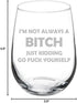 MIP Wine Glass Goblet Funny I'm Not Always A B*tch Just Kidding (17 oz Stemless)...