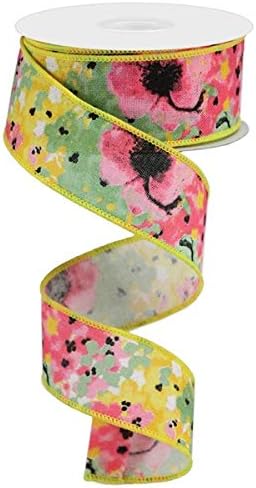 Painted Floral on Canvas Wired Edge Ribbon, 10 Yards (Yellow, 1.5 Inch)...