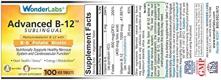 Sublingual Vitamin B12 (1000 mcg), B6 (5mg), Folic Acid(400 mcg) & Biotin (25mcg) - Formulated with Methylcobalamin Vitamin B-12 (100 Tablets)...