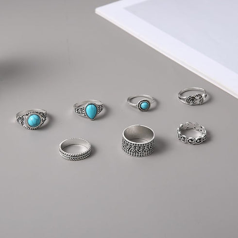 Bohemian Turquoise Ring for Women Western Rings Jewelry Stackable Knuckle Ring Set Vintage Rose Leaf Ring Set for Women Gifts...