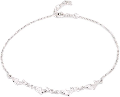 Sterling Silver Jewelry Playful Dolphin Anklet with Rhodium Plating for Women and Girls...