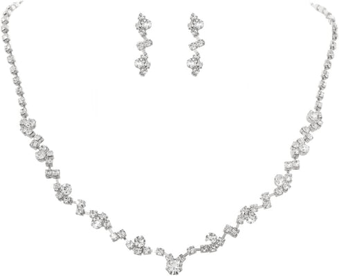 Jakawin Bride Wedding Silver Bridal Necklace Earrings Set Crystal Wedding Jewelry Set Rhinestone Choker Necklace for Women (Set of 3) (NK143-1)...