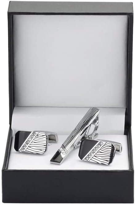 Cufflinks and Tie Clip for Men Set Silver and Black Stripe Necktie Tie Bar Clips Rectangle Round Cufflink Mens Business Shirts Tuxedo Wedding Gift...