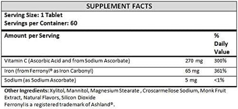 Chewable Iron 65 mg with Vitamin C 270 mg (for Women/Men) |60 Days Supply | No Sugar- Zesty Orange Flavor Supplement 60 Count...