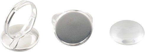 ALLinONE Brass Adjustable Ring Cabochon Setting Frame Tray Blank Bezel with Glass Domes for DIY Jewelry Making 16mm (Silver)...