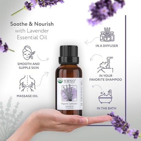 HBNO® California Bottled Organic Lavender Essential Oil 1 fl oz (30ml) - USDA Certified Organic Lavender Oil for Skin, Perfect for Cleaning, Aroma...