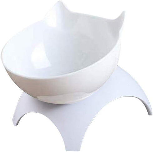 Cat Elevated Bowl with Raised Stand, 15 Degree Tilted Design Neck Guard Stand Raised Pet Food Water Feeder Bowl for Cats or Small Dogs (Single Whi...