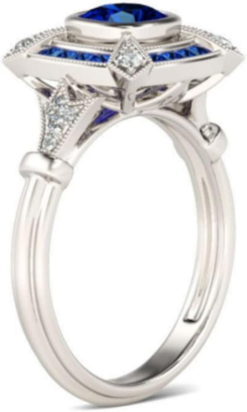 HUKQBUNX 925 Sterling Silver Aquamarine Topaz Mossan Stone Women's Fashion Zircon Sapphire Hollow Out Classic Ring Wedding Engagement Ring Size 6-...