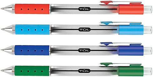 TUL Retractable Gel Pens, Medium Point, 0.7 mm, Silver Barrel, Assorted Inks, 4-Pack (Blue, Red, Green and Sky Blue)...