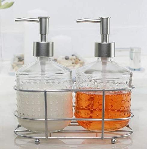Circleware 32470 Dispenser Bottle Pumps in Metal Caddy with Brushed Finish Set of 2 Bathroom Accessories Home Decor for Essential Oils, Lotions, L...