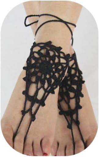 2PC Beach Anklet Barefoot Sandals Black Crochet Layered Lace Ring Foot Chain Bridal Wedding Anklet Foot Yoga Dance Trendy Accessories for Women...