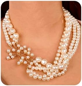 1920s MultiLayer Pearl Necklace with Brooch Faux Pearls Necklace Set Vintage Bridal Pearl Necklace Earrings Jewelry Set...