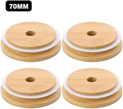 TOUSHI 4Pcs Regular Mouth Bamboo Mason Jar Lids with Straw Hole Reusable Bamboo Caps Leak-Proof Glass Canning Drinking Storage Jars Lid Covers (70...