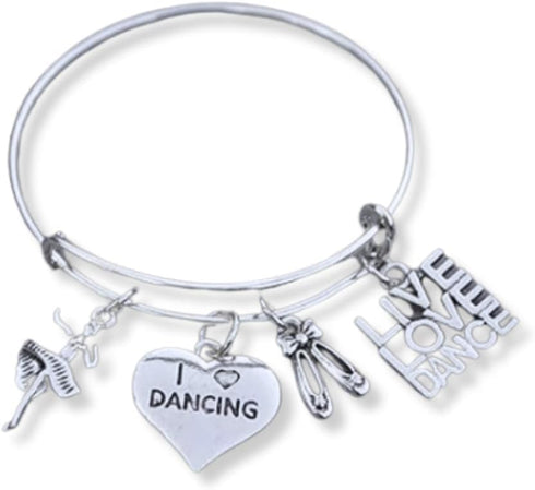 Infinity Collection Dance Charm Expandable Bangle Bracelet, Silver, I Love Dancing...