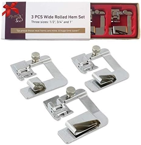 Madam Sew Rolled Hem Presser Foot Set – 3 Piece Wide Hemmer Foot Kit Includes 1/2”, 3/4" and 1” Presser Feet – Compatible with Most Models of Sing...