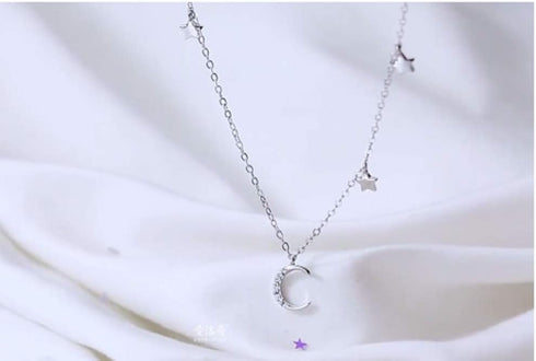 Lucky Star Crystal Crescent Moon 925 Sterling Silver Choker Pendant Necklace for Women Christmas Dainty Disc Layered Chain Jewelry Gifts Best Frie...