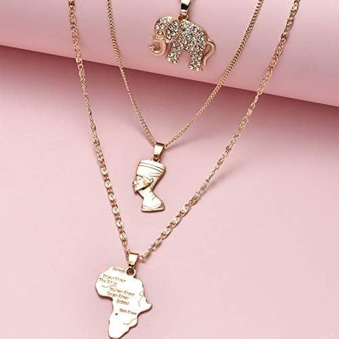 COLORFUL BLING 3 Layered Africa Map Choker Necklace Crystal Elephant Layered Pendant Necklace Chains Gold Gothic Egyptian Queen Beach Adjustable J...