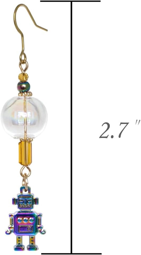 Steampunk Asymmetrical Industrial Robot Mismatched Glass Ball Dangle Earrings for Women Jewelry...