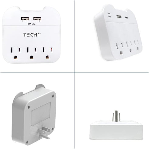 Tech2 3-Outlet Surge Protector Power Strip with 2 USB Charging Ports, ETL Certified Adapter for Home, School, or Office......