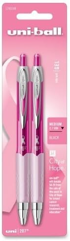 Uni Ball Signo 207 Pink Ribbon Gel Pen Medium Pen Point Type 0.7 mm Pen Point Size Black Ink Silver Barrel 2 / Pack, Pink Barrel...