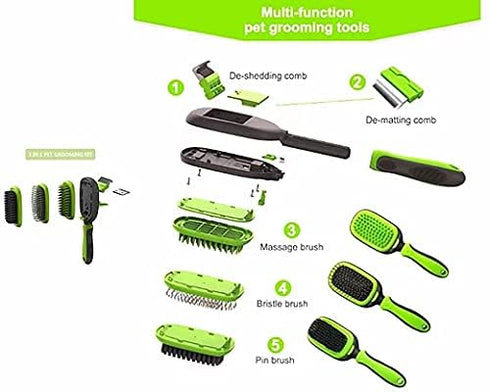 Pet Grooming Brush 5 in 1 Pet Massage Kit Dog Brush Cat Brush Bath/Bristle/Pin Brush Dog Deshedding Tool Dematting Comb for Dog and Cat with Long ...