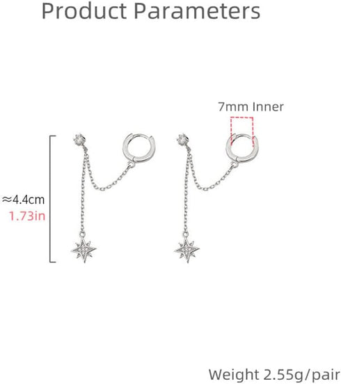 Star 925 Sterling Silver Double Piercing Earrings Huggie Cuff Chain for Women Teen Girls 2 Holes CZ Charm Dangle Drop Small Hoop Earrings Cartilag...
