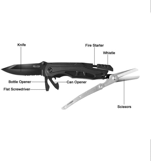 RoverTac Pocket Knife Multi Tool Tactical Knife Multitool Knife with Scissors Bottle and Can Opener Fire Starter Whistle Screwdriver Perfect for C...