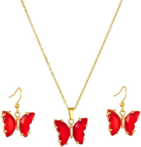Pingyongchang Butterfly Pendant Necklace Earrings for Women Handmade Minimalist Cubic Zircons Gold Butterfly Pendant Earrings Necklace Cute Crysta...