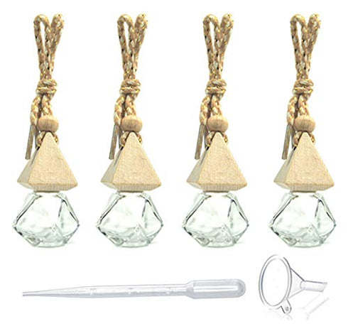 4 Pack,6ml(1/5 Fl Oz) Refillable Car Essential Oil Diffuser,Empty Car Air Freshener Pendant Perfume Aromatherapy Vials-Clear Glass Bottle With Woo...