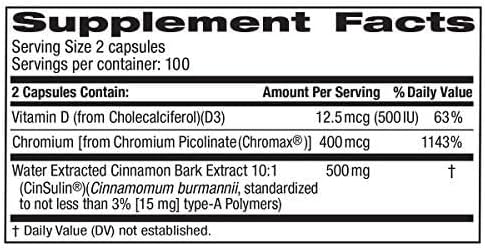 Advanced Strength Cinsulin Cinnamon, Chromium Picolinate, Vitamin D3 Cinnamon 500 Mg, Chromium Picolinate, 400 Mcg, Vitamin D3, 500 Iu, 200 Capsul...