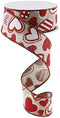 Patterned Hearts Canvas Wired Edge Ribbon - 10 Yards (Natural, White, Red, 1.5")...
