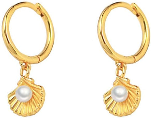 Cute Shell Pearl Huggie Small Hoop Earrings Dangle Drop for Women 925 Sterling Silver 14K Gold Filled Boho Beach Simple Charm Hoops Delicate Hypoa...
