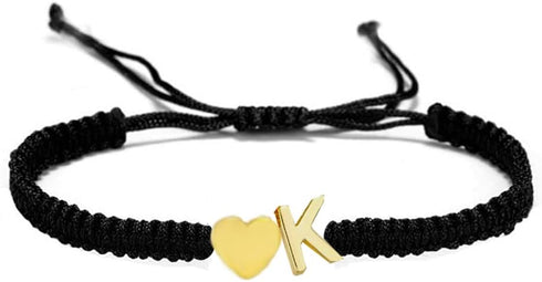 Initial Heart Bracelet, 18K Gold Plated Stainless Steel Tiny Heart Letter Black String Name Bracelets for Women Men Handmade Minimalist Jewelry Ma...