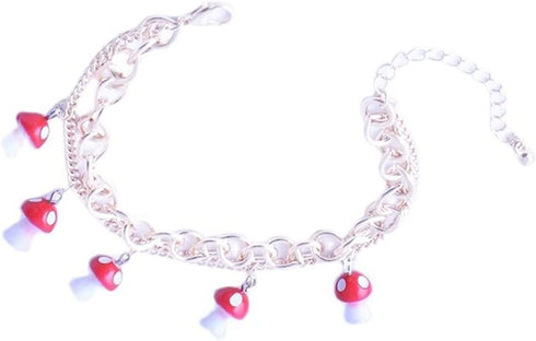 Double Layer Mushroom Bracelet Anklet Cute Red Mushroom Pendant Bracelet Dainty Adjustable Combination Strand Stretch Bracelet Anklet for Women Gi...