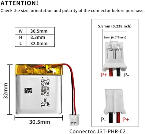 EEMB Lithium Polymer Battery 3.7V 700mAh 803030 Lipo Rechargeable Battery Pack with Wire JST Connector for Speaker and Wireless Device- Confirm De...