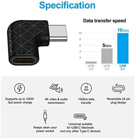 USB C Right Angle Adapter,90 Degree USB C to USB Type-C Male to Female Adapter (3 Pack). Support USB-C 3.1 PD 100W Quick Charge 10Gb/s Data Transf...