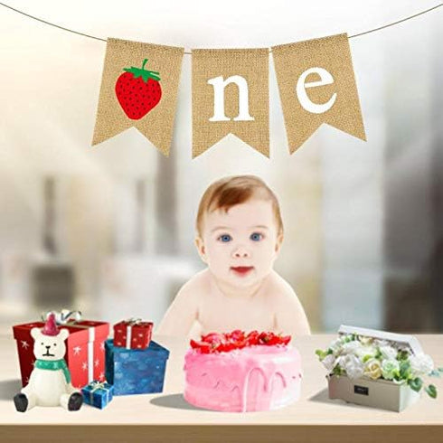 Rainlemon Burlap Strawberry One Banner Rustic Jute Baby Girl 1st Birthday Party Highchair Bunting Garland Decoration...