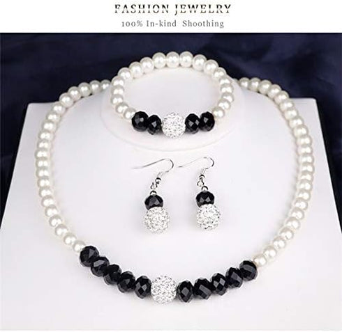 MJartoria Womens Black and White Faux Pearls Necklace Earrings Bracelet Wedding Jewelry Sets Costume Party(Black+White)...