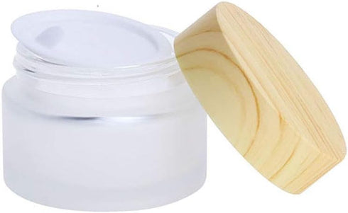 3Pcs Empty Translucent Frosted Glass Cosmetic Containers with Wood Grain Cap, 1 30ml Round Jar+1 20ml Eye Dropper Bottles+1 10ml Roller Bottles fo...