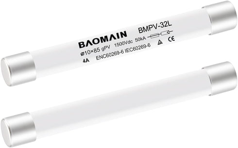 Baomain 1500VDC Solar PV Fuse, gPV-Type Fuse Link, Wire Fusible 10 x 85 mm 50kA Photovoltaic Fuses, BMPV-32L CE Pack of 5 (4 Amp.)...