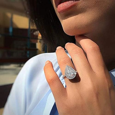 FAONIE White Gold Plated Teardrop Halo Pear Cut Cubic Zirconia CZ Engagement Wedding Ring For Women (9)...
