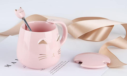 Pink Ceramic Coffee mug Cute Cat Handmade Tea Cups with Stainless Steel Spoon Kitty Cup Unique Hot chocolate Novelty mugs Christmas Birthday for G...
