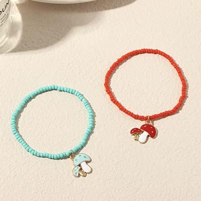 Bohemian Colorful Rice Bead Crystal Elastic Bracelet Cute Funny Mushroom Avocado Fruit Pendant Bracelet Summer Beach Jewelry for Women...