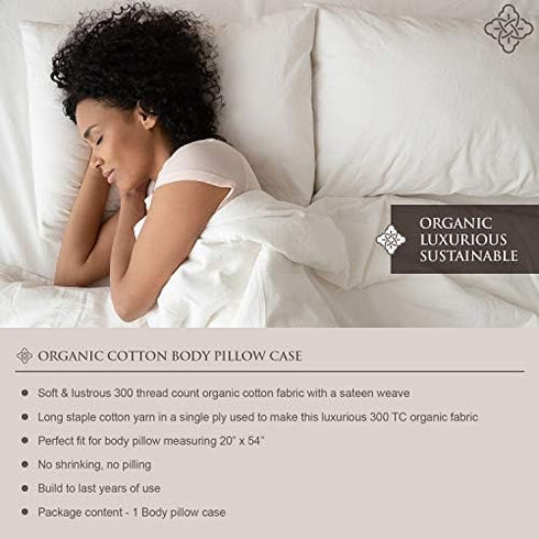 BIOWEAVES 100% Organic Cotton Body Pillow Cover for Body Pillowcases 300 Thread Count Soft Sateen Weave GOTS Certified with Zipped Closure - 21" x...