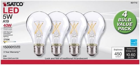 Satco S12460 5 Watt A19 LED Bulb, Clear, 2700K, Medium Base, 120 Volt, 4-Pack...