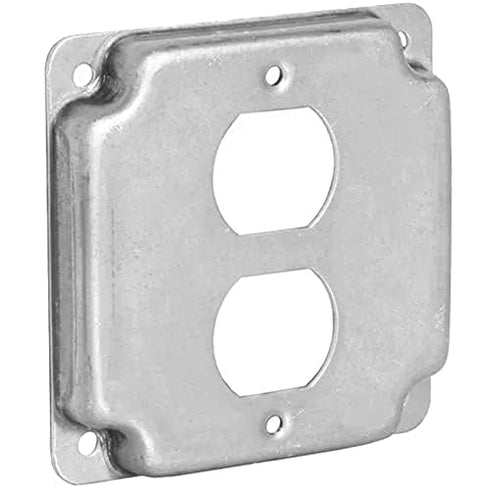 AP-12096, 4" Square Duplex Receptacle Electrical Box Cover, 1/2" Raised, Exposed Work, Galvanized Steel, Crushed Corners...