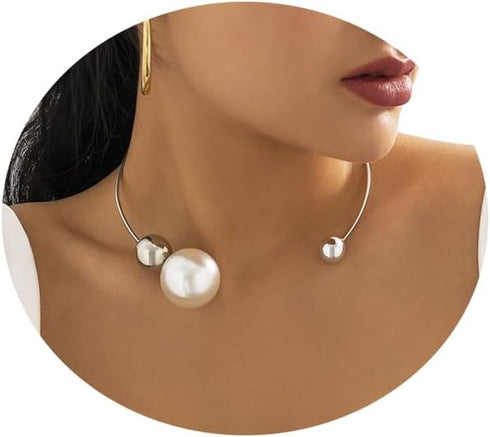 Metal Big Pearl Open Choker Necklace Adjustable Silver Big Pearl Choker Necklaces for Women Round Open Cuff Necklace Elegant Cuff Collar Necklace ...